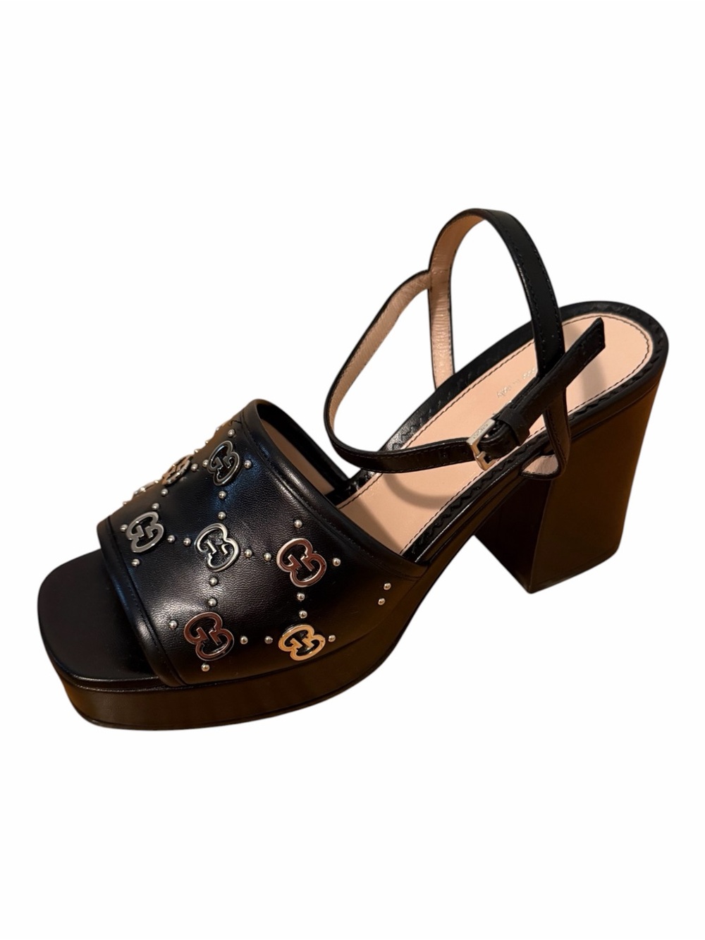 Gucci Women’s GG Embellished Platform Block Heel Sandals – Black Leather – 6.5